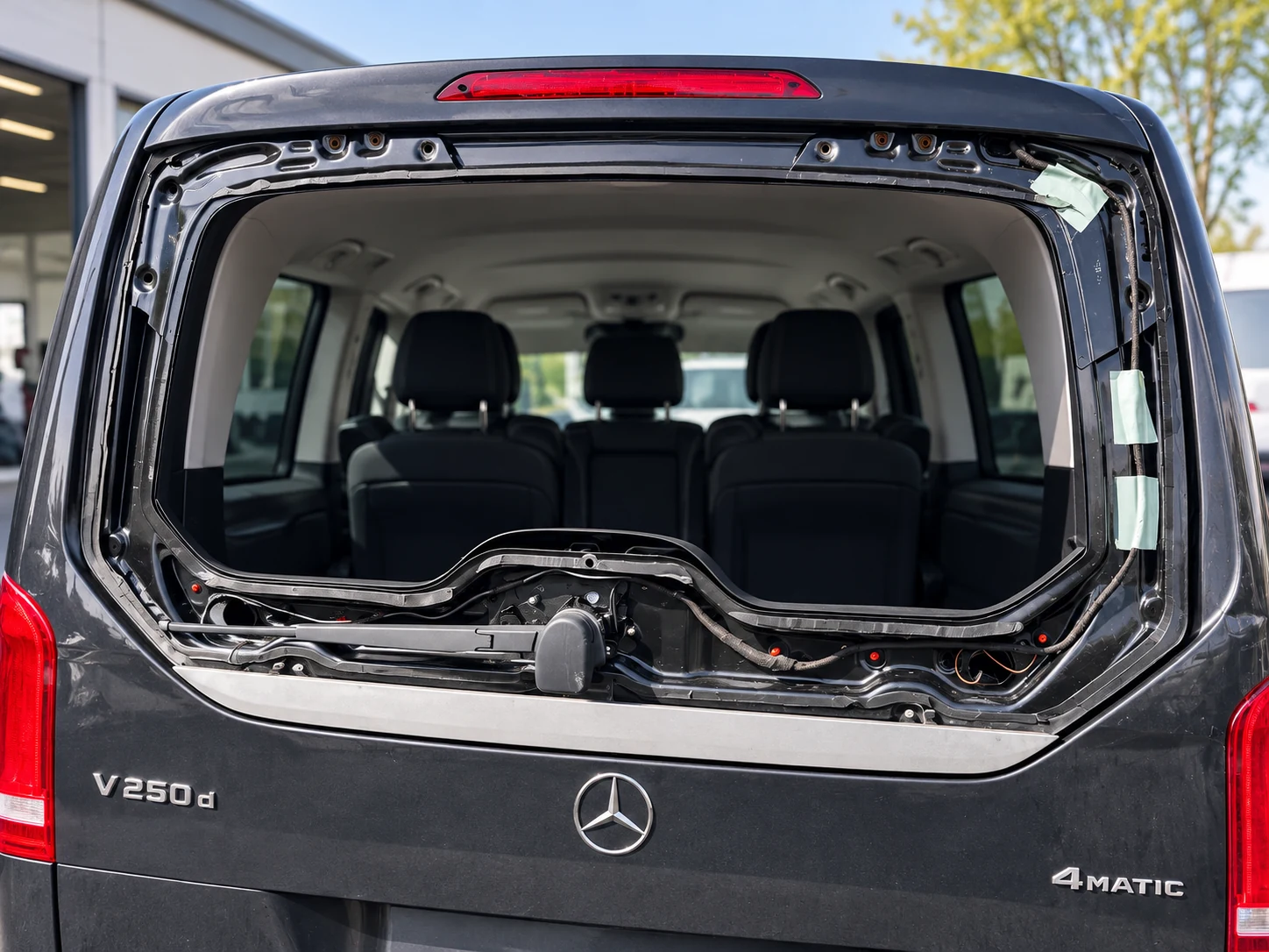 Mercedes V-Klasse ohne Heckscheibe vor dem Einbau einer neuen Scheibe